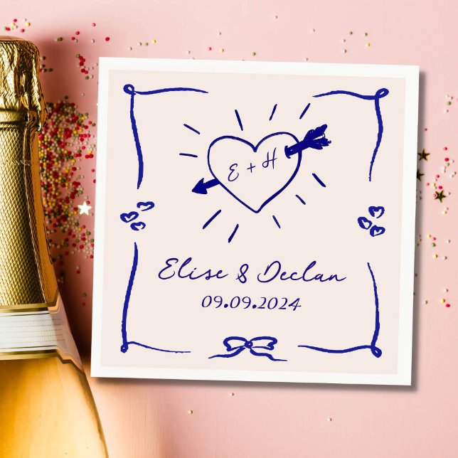 Elegant Hand Drawn Retro Blue Wedding Napkin (Creator Uploaded)