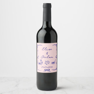Elegant Hand Drawn Retro Blue Wedding Wine Label