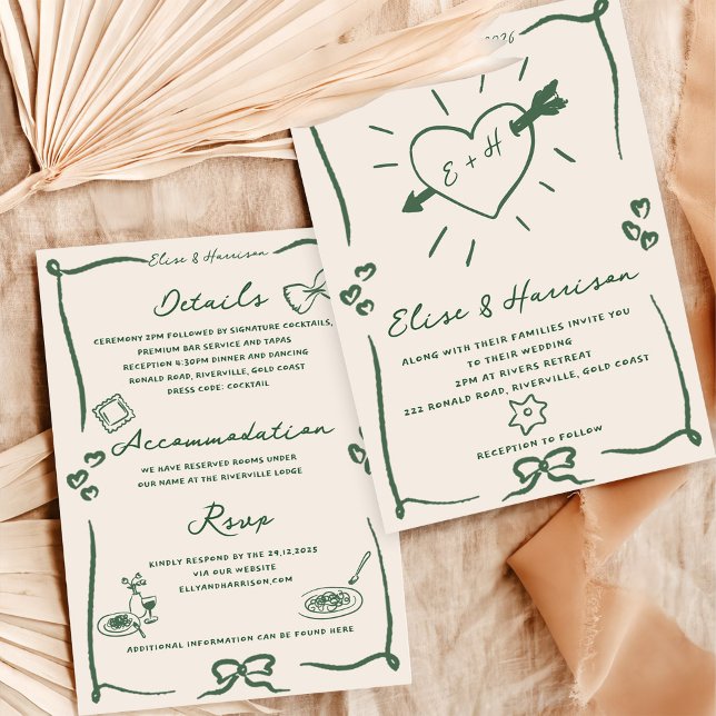 Elegant Hand Drawn Retro Green Wedding Invitation (Creator Uploaded)