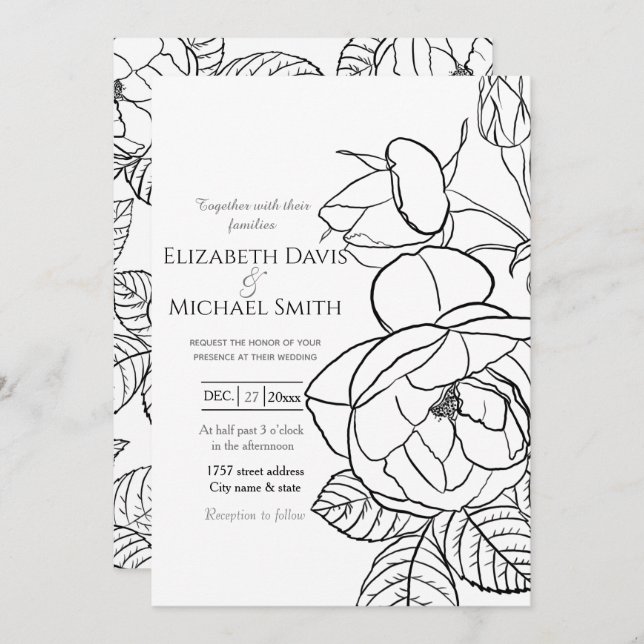 Elegant hand-drawn Roses Floral Black White Design Invitation (Front/Back)