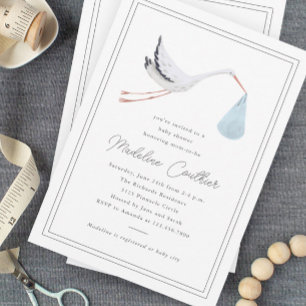 Elegant Hand Drawn Stork Boys Baby Shower Invitation