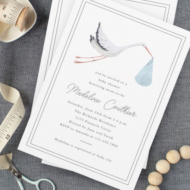 Elegant Hand Drawn Stork Boys Baby Shower Invitation (Elegant hand drawn stork baby shower invitation.)