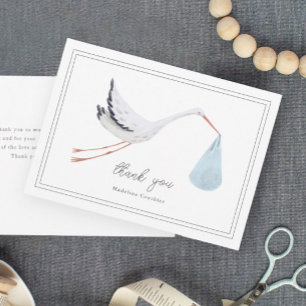Elegant Hand Drawn Stork Boys Baby Shower Thank You Card