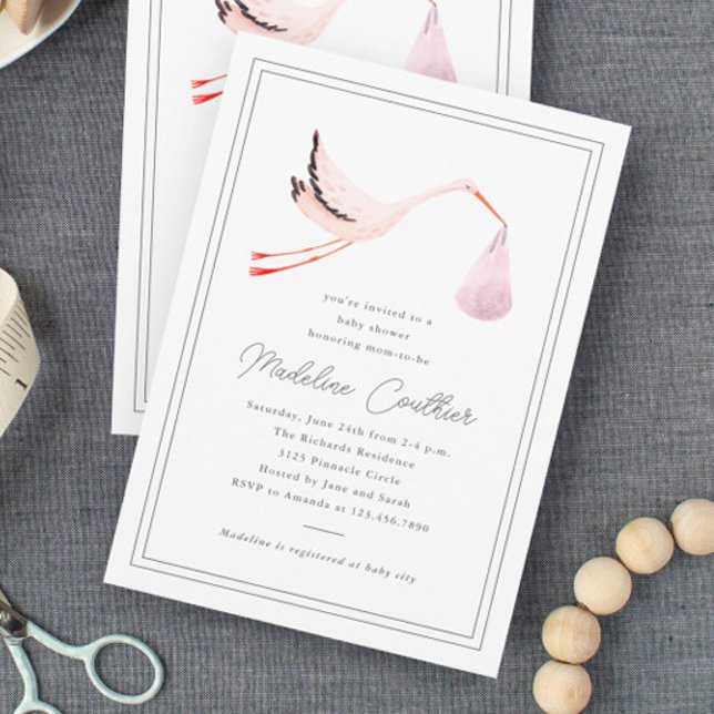 Elegant Hand Drawn Stork Girls Pink Baby Shower Invitation (Elegant hand painted pink stork girls baby shower.)