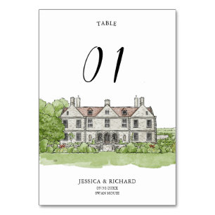 Elegant Hand Drawn Venue Mansion Illustration Table Number