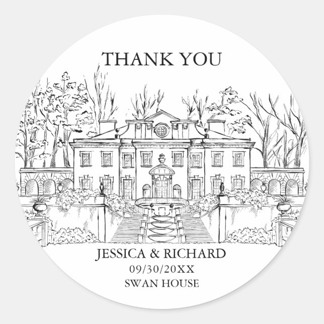 Elegant Hand Drawn Venue Thank You Classic Round Sticker (Front)