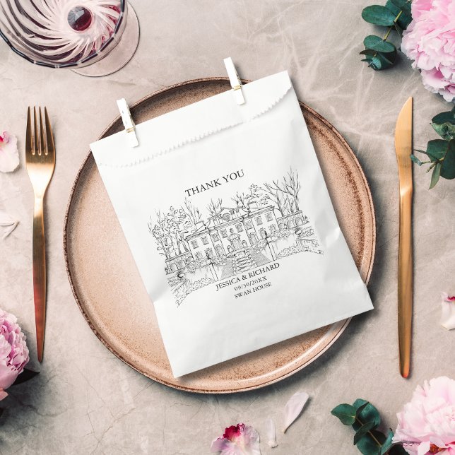 Elegant Hand Drawn Venue Thank You Favour Bags (hand drawn wedding venue swan house USA)