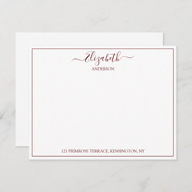 Elegant Hand Lettered Burgundy Name Address  Note  Card (Front/Back)