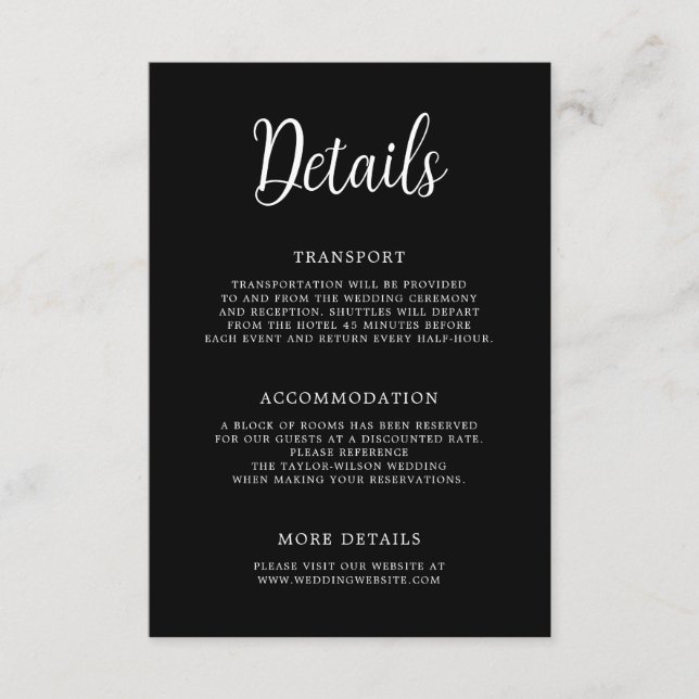 Elegant Hand Lettering Black White Wedding Details Enclosure Card (Front)