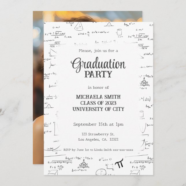 Elegant Hand-Lettering Mathematic Photo Graduation Invitation (Front/Back)