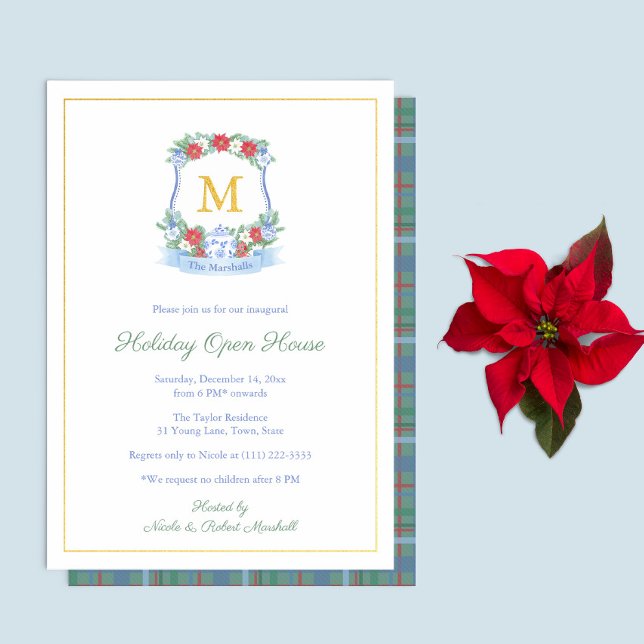 Elegant Hand Painted Holidays Open House Party (Real foil red blue white Chinoiserie style crest invite for Christmas Holidays Open House Party)