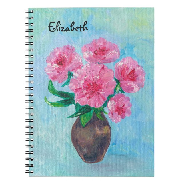 Elegant Hand Painted Peony Flowers Monogram Notebook (Front)