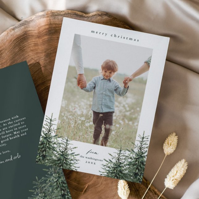 Elegant Hand-painted Pine Tree Photo Christmas Hol Holiday Card (Elegant hand painted pine trees photo Christmas holiday cards. )