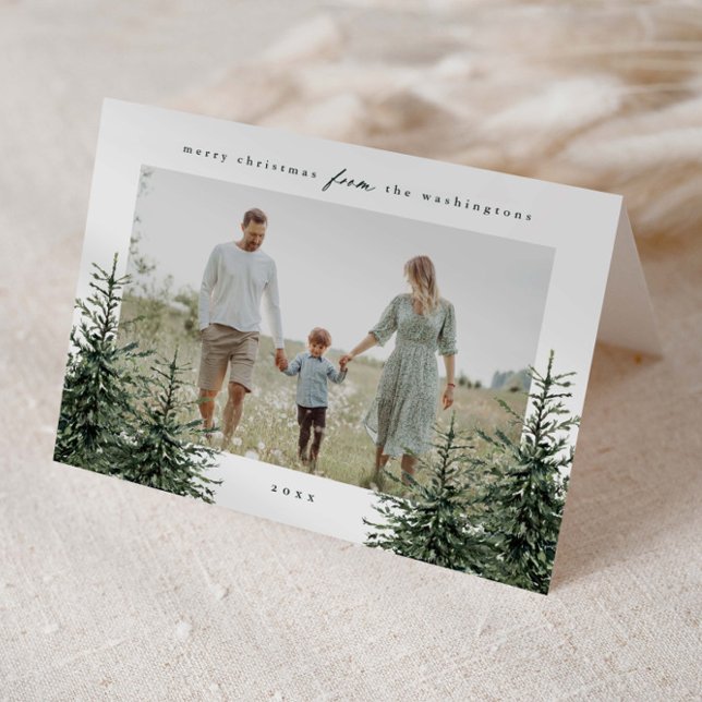 Elegant Hand-painted Pine Tree Photo Christmas Holiday Card (Elegant hand painted watercolor Christmas trees 3 photo folded holiday cards.)