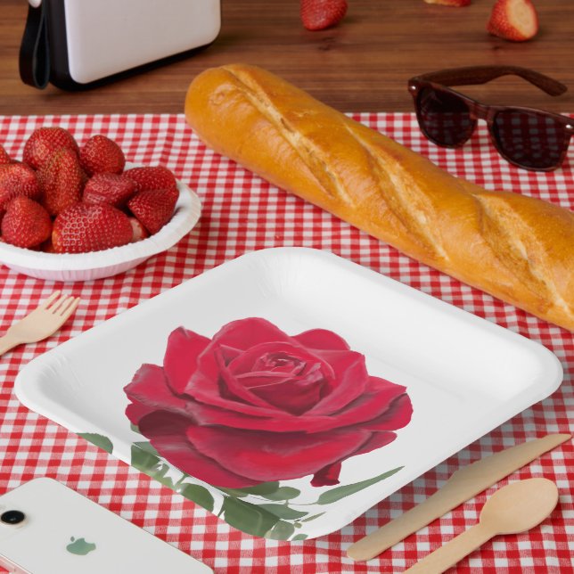 Elegant Hand Painted Red Rose Floral Garden Paper Plate (Picnic)