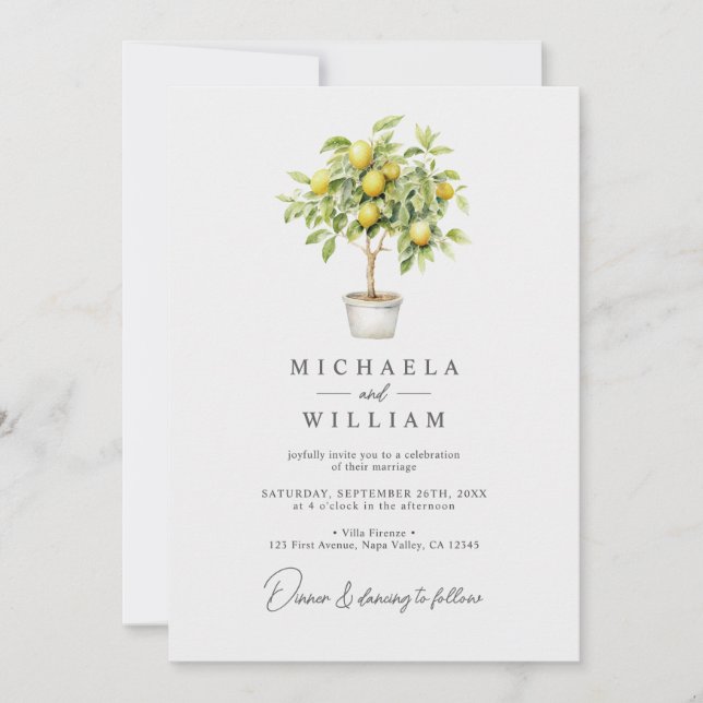 Elegant Hand Painted Watercolor Lemon Tree Wedding Invitation (Front)