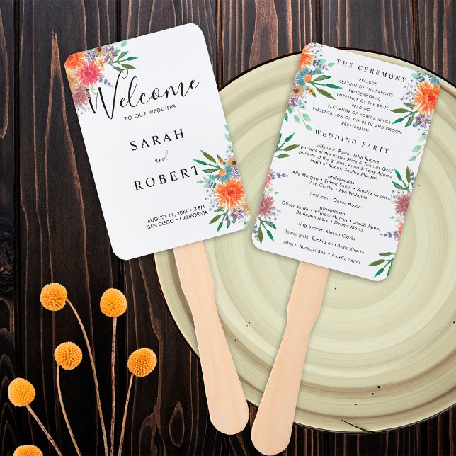 Elegant Hand Painted Watercolor Wedding Program Fan (Front / Back)