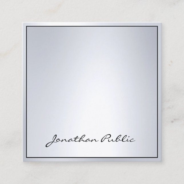Elegant Hand Script Glamourous Silver Modern Plain Square Business Card (Front)
