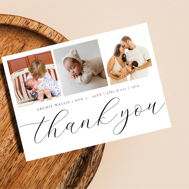Elegant Handlettering Script 3 Photo New Baby Thank You Card (Creator Uploaded)