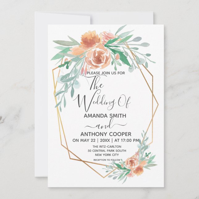 Elegant handmade watercolor floral  invitation (Front)