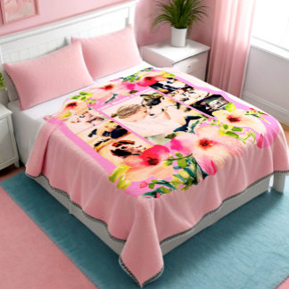 Elegant Handmade Watercolor Rose Photo Collage Fleece Blanket