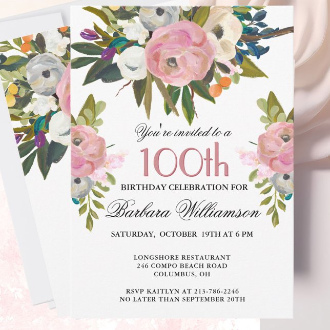 Elegant Handpainted Floral 100th Birthday Party  Invitation (Creator Uploaded)