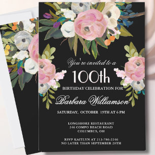 **Elegant Handpainted Floral 100th Birthday Party Invitation