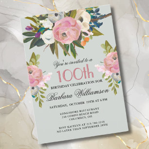 Elegant Handpainted Floral 100th Birthday Party Invitation