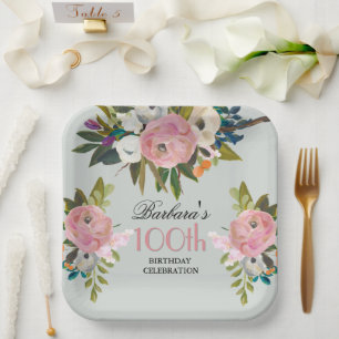 Elegant Handpainted Floral 100th Birthday Party  Paper Plate