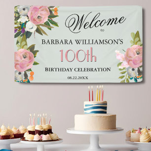 Elegant Handpainted Floral 100th Birthday Welcome  Banner