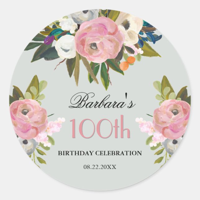 Elegant Handpainted Floral 100th Birthday Welcome Classic Round Sticker (Front)