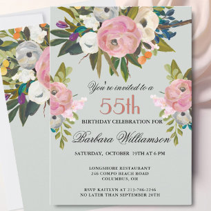 Elegant Handpainted Floral 55th Birthday Party  Invitation