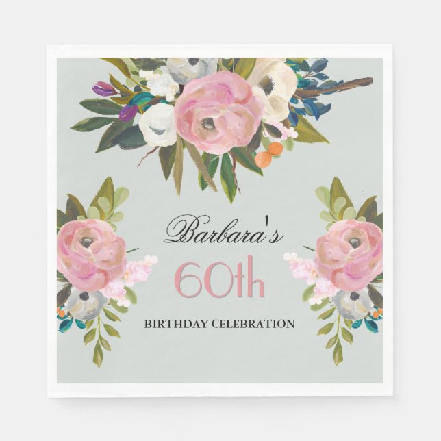 Elegant Handpainted Floral 60th Birthday Party  Napkin (Front)