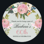 Elegant Handpainted Floral 60th Birthday Welcome Classic Round Sticker<br><div class="desc">End this special 60th birthday celebration in a elegant style with this beautifully hand painted sticker with colorful yet gentle flowers -- leading with blush pink and greenery, yet adding interesting other touches of color. The text can be personalized for your party including the guest of honor's age. If you...</div>