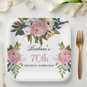Elegant Handpainted Floral 70th Birthday Party  Paper Plate
