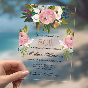 Elegant Handpainted Floral 80th Birthday Party  Acrylic Invitations