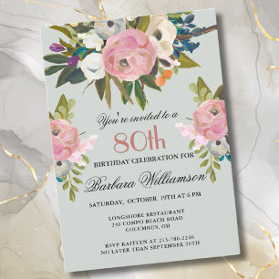 Elegant Handpainted Floral 80th Birthday Party Invitation