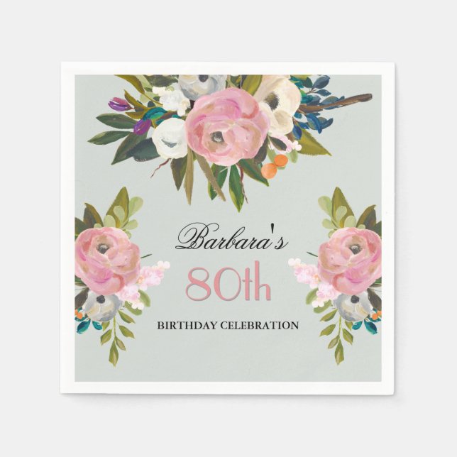 Elegant Handpainted Floral 80th Birthday Party  Napkin (Front)