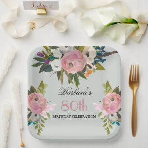 Elegant Handpainted Floral 80th Birthday Party Paper Plate