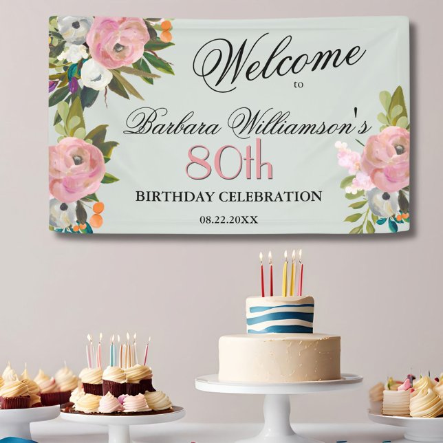 Elegant Handpainted Floral 80th Birthday Welcome  Banner (Creator Uploaded)