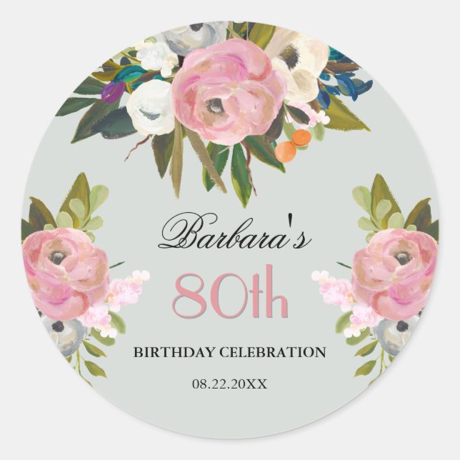 Elegant Handpainted Floral 80th Birthday Welcome Classic Round Sticker (Front)