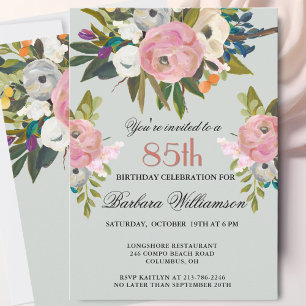 Elegant Handpainted Floral 85th Birthday Party  Invitation