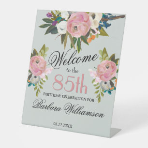 Elegant Handpainted Floral 85th Birthday Welcome Pedestal Sign
