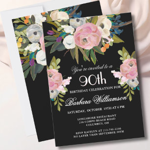Elegant Handpainted Floral 90th Birthday Party Invitation