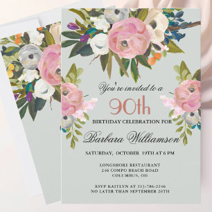 Elegant Handpainted Floral 90th Birthday Party  Invitation