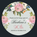 Elegant Handpainted Floral 90th Birthday Welcome Classic Round Sticker<br><div class="desc">End this special 90th birthday celebration in a elegant style with this beautifully hand painted sticker with colourful yet gentle flowers -- leading with blush pink and greenery, yet adding interesting other touches of colour. The text can be personalised for your party including the guest of honour's age. If you...</div>