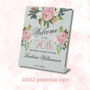 Elegant Handpainted Floral 90th Birthday Welcome Pedestal Sign