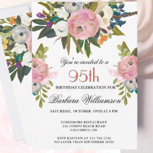 Elegant Handpainted Floral 95th Birthday Party  Invitation