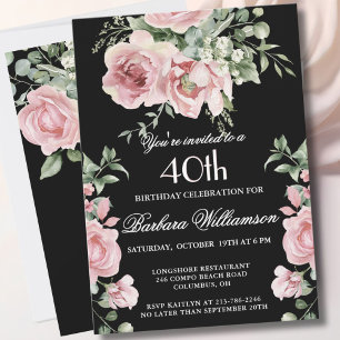 Elegant Handpainted Roses 40th Birthday Party  Invitation