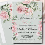 **Elegant Handpainted Roses 80th Birthday Party  Invitation<br><div class="desc">Start this special 80th birthday celebration in a elegant style with this beautifully hand painted invitation with colorful yet gentle flowers -- leading with blush pink roses and eucalyptus greenery, yet adding interesting other touches of color striking against an all white background.. All of the text can be personalized for...</div>